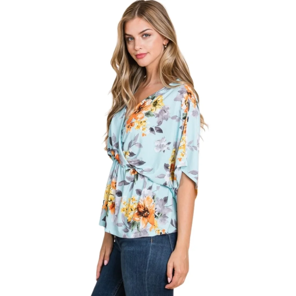 Sky Blue Floral Wrap Tunic - Picture 2 of 6